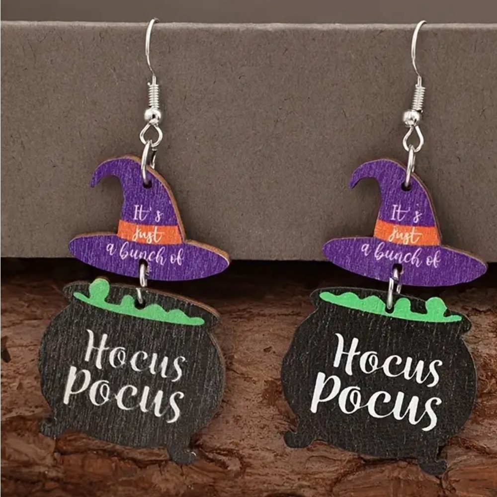 Festive Halloween Earrings: Wooden Witch Hat & Cauldron Charm